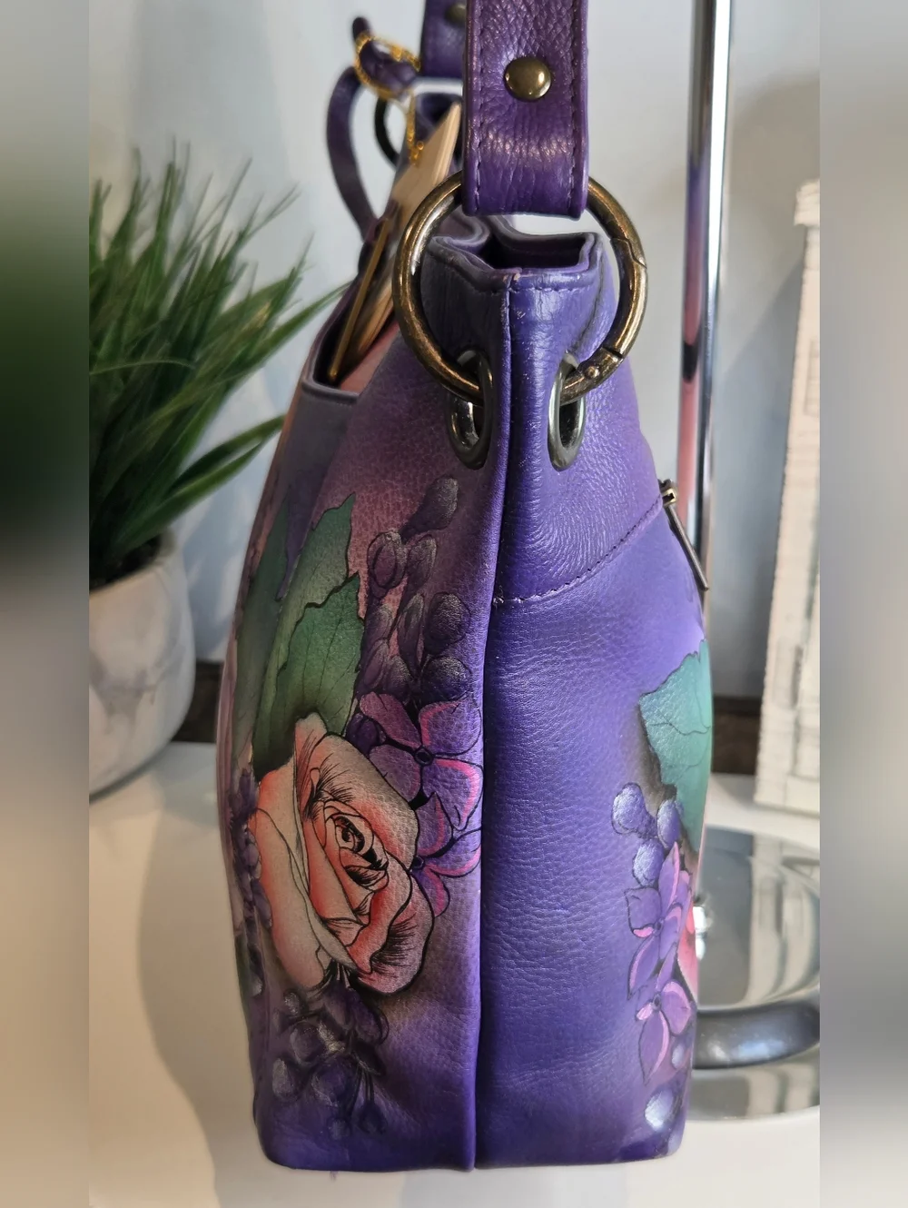 Anuschka Hand-Painted Purple Floral Leather Shoulder Bag - Picture 6 of 14
